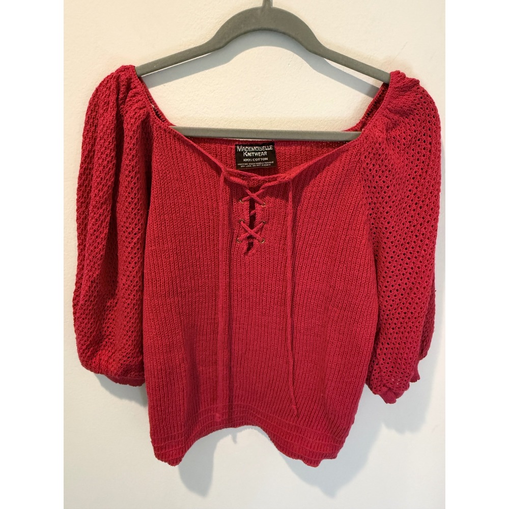 Vintage Mademoiselle Knitwear Pink Lace Up Puff Sleeve Cotton Sweater OS